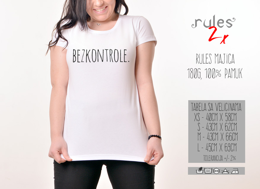 Zenska Rules majica sa natpisom Bez kontrole - Tabela velicina