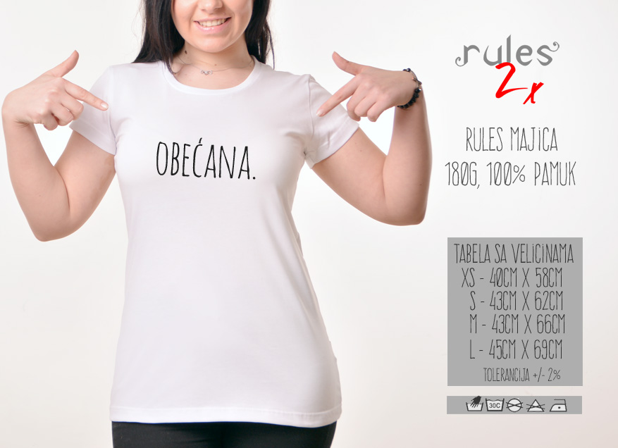 Zenska Rules majica sa natpisom Obecana - Tabela velicina