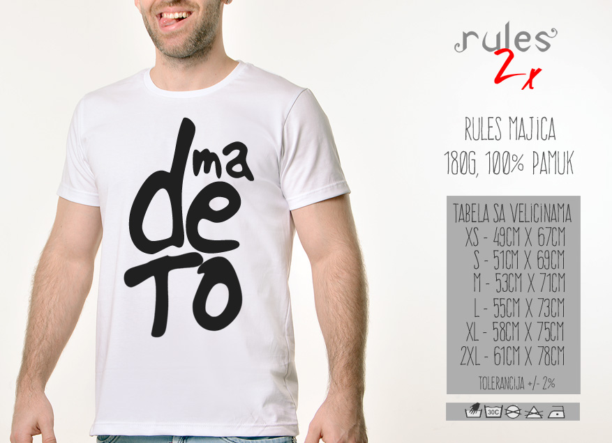 Muska Rules majica sa natpisom Ma De To - Tabela velicina